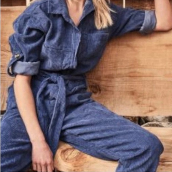 NWT Elan Navy Corduroy Button-Up Jumpsuit with Belt and Pockets - Picture 3 of 8